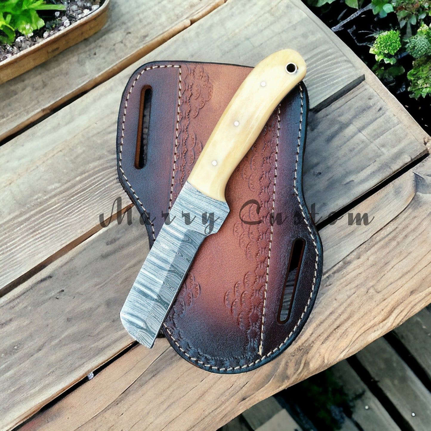 Marry Custom Damascus Steel Knife, Damascus Steel Bull Cutter Knife With Sheath - Cowboy Knife Hunting Knife with Sheath MC-16 Christmas Gift for him