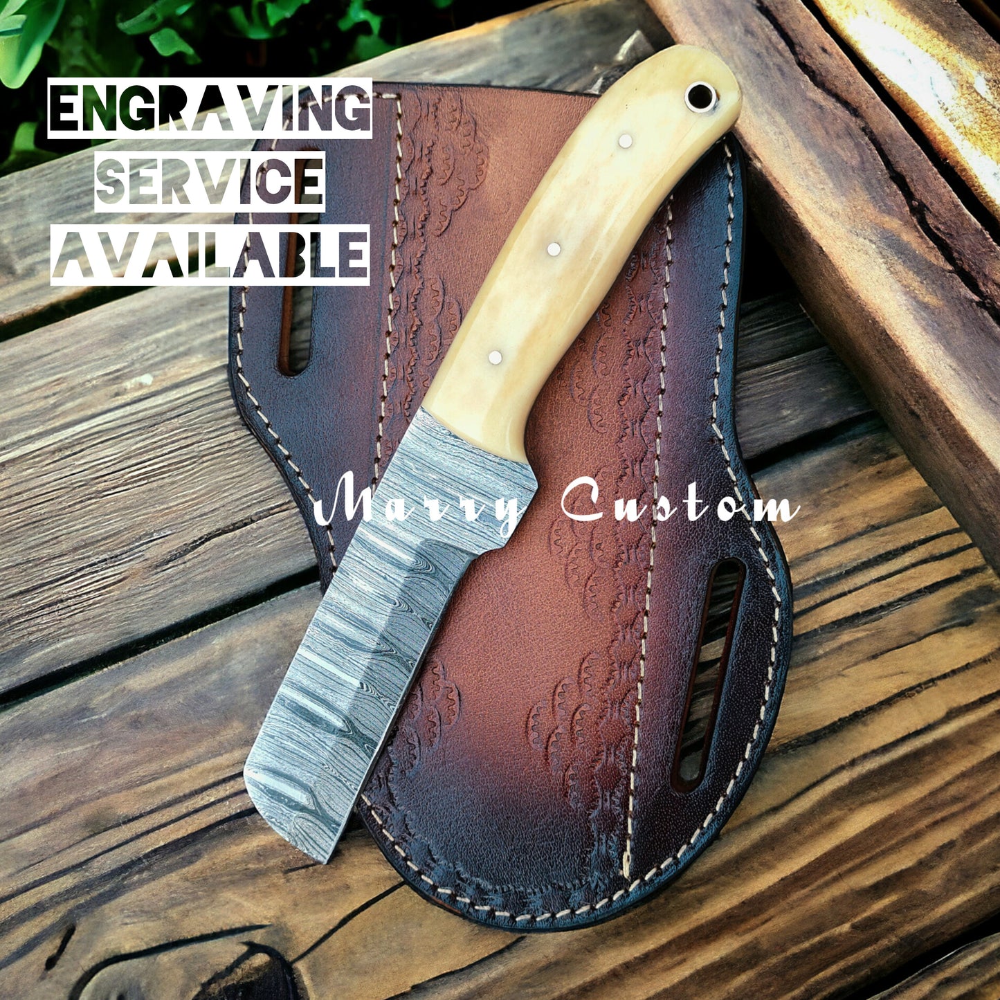 Marry Custom Damascus Steel Bull Cutter Knife with Sheath - Cowboy Knife Hunting Knife Bone Handle MC-19 Christmas Gift for him