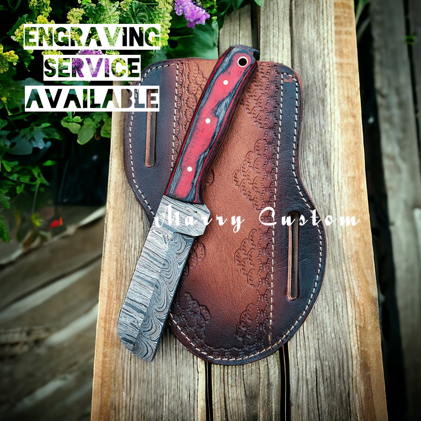 Marry Custom Damascus Steel Bull Cutter Knife with Sheath - Cowboy Knife Hunting Knife, Red & Black Wood Handle MC-22 Christmas Gift for him
