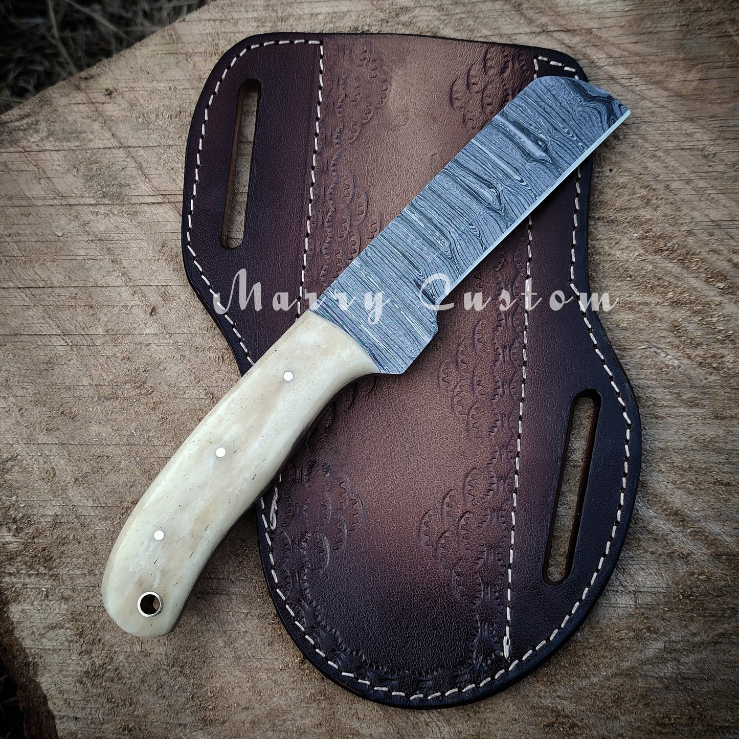 Marry Custom Damascus Steel Bull Cutter Knife with Sheath - Cowboy Knife Hunting Knife Bone Handle MC-19 Christmas Gift for him
