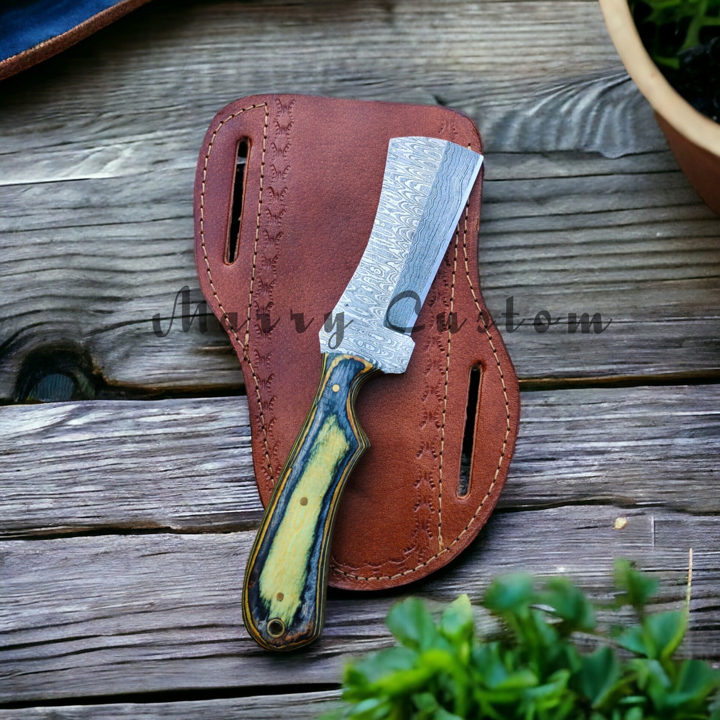 Marry Custom Damascus Steel Knife, Damascus Steel Bull Cutter Knife With Sheath - Cowboy Knife Hunting Knife with Sheath MC-16 Christmas Gift for him