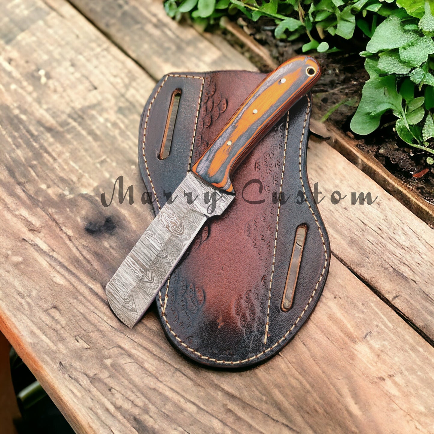 Marry Custom Damascus Steel Knife, Damascus Steel Bull Cutter Knife With Sheath - Cowboy Knife Hunting Knife with Sheath MC-16 Christmas Gift for him