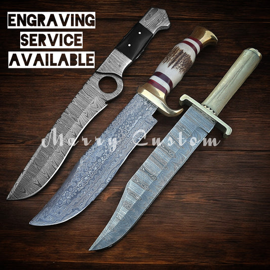 Marry Custom Damascus Steel Bowie Knife with Stag Antler - Hunting Knife for Camping MC-51