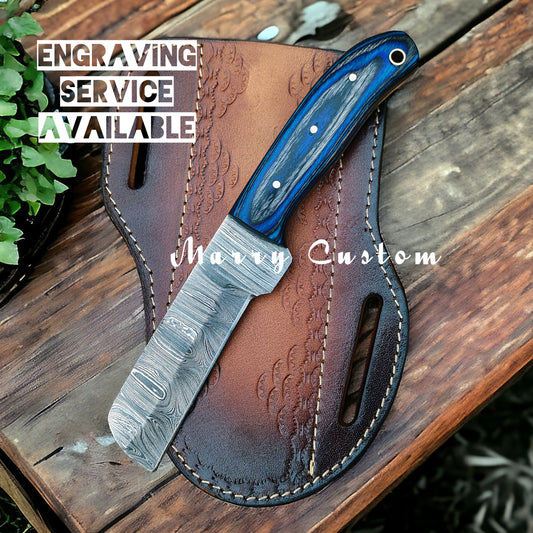 Marry Custom Damascus Steel Bull Cutter Knife with Sheath - Cowboy Knife Hunting Knife Blue & Black Exotic Wood Handle MC-17 Christmas Gift for him