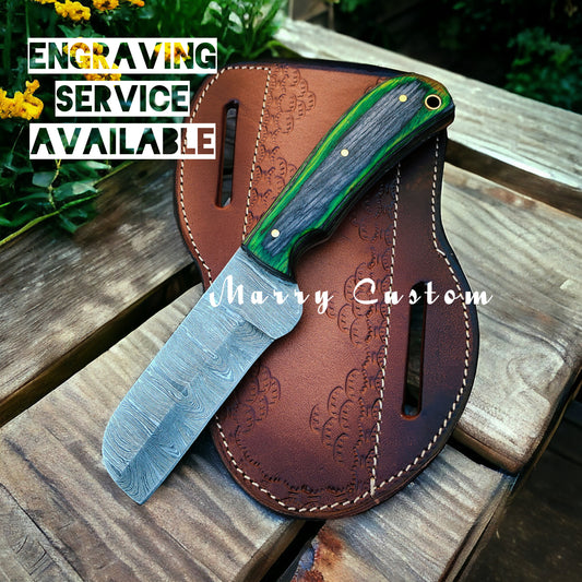 Marry Custom Damascus Steel Bull Cutter Knife with Sheath - Cowboy Knife Hunting Knife, Green & Black Wood Handle MC-20 Christmas Gift for him