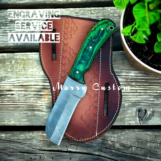 Marry Custom Damascus Steel Bull Cutter Knife with Sheath - Cowboy Knife Hunting Knife, Green Wood Handle MC-21 Christmas Gift for him